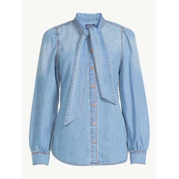 Scoop Tops - NWOT Tie-Neck Denim Blouse in Hanover